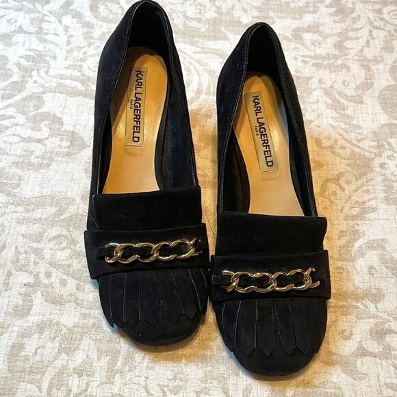 Karl Lagerfeld Paris Kiltie Black suede block heel gold chain accent - Sz 8.5 - Picture 1 of 8